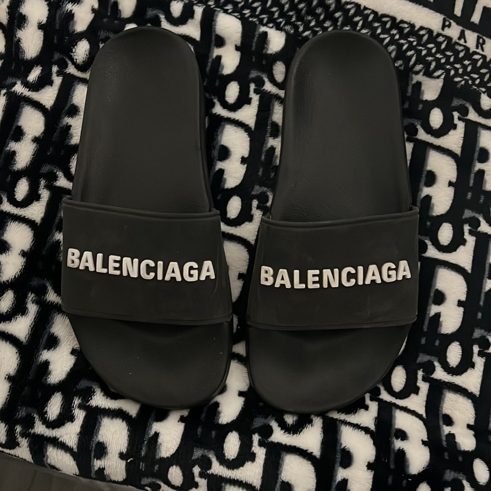 Balenciaga Black Slide Sandals with White Logo